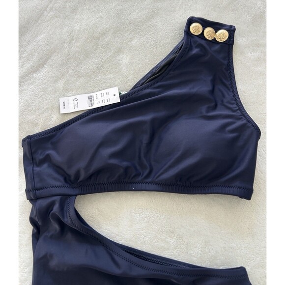 J Crew Swimsuit Size 2 One Piece Cut Out Navy Gold Buttons Bathing Suit Preppy - Picture 3 of 9